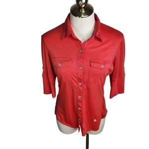 Stio Women's Divide Shirt Medium Orange Button Up Roll Tab 3/4 Sleeve Outdoor‎